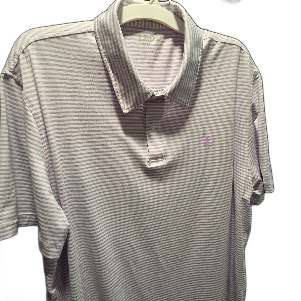 IZOD GOLF ADVANTAGE PERFORMANCE SWINGFLEX Purple White Striped Polo Shirt SZ XL